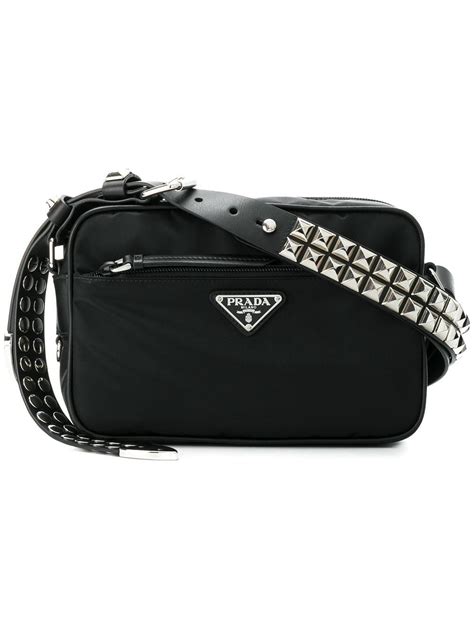 prada logo-plaque nylon shoulder bag|Prada studded shoulder bag.